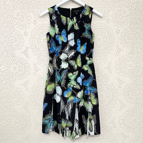 Ted Baker London Black Butterfly Print Pleated Dress - Picture 1 of 11